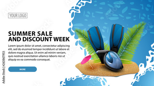 Summer sale and discount week, modern web banner for your website with diving mask, fins and palm leaves