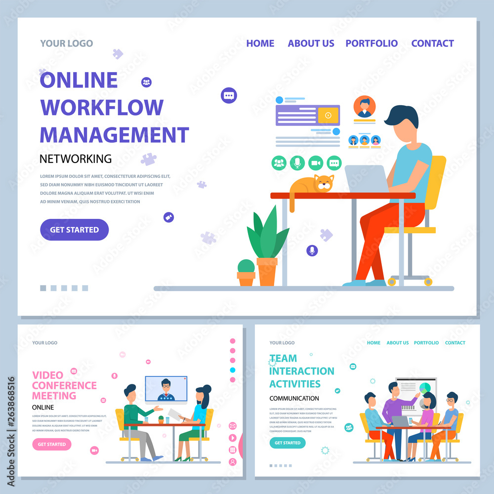 Online workflow management vector, team interaction activities and video conference with usage of new technologies and business innovations. Website or webpage template, landing page flat style