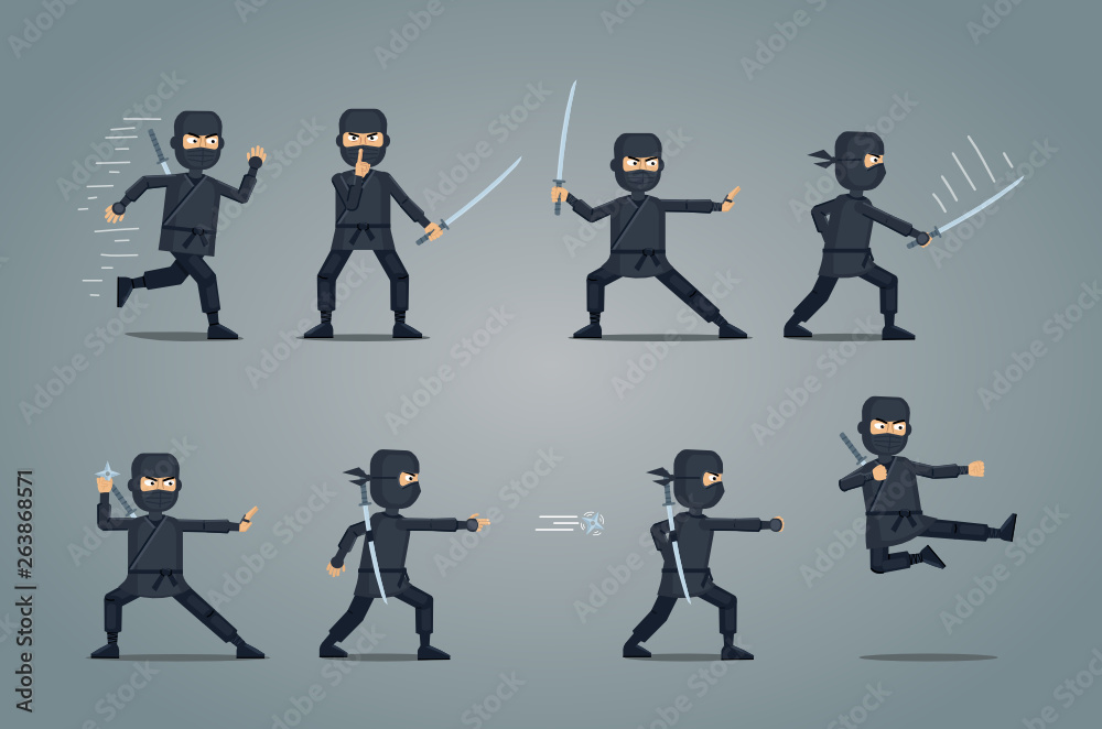 Set of ninja characters showing different actions. Confident ninja with sword running, attacking, throwing star, jumping, kicking, hitting. Simple style vector illustration