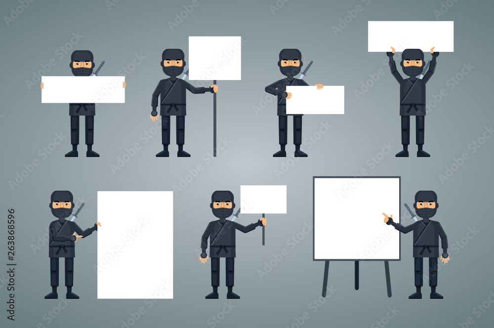 Set of ninja characters posing with different blank banners. Cheerful ninja with paper, poster, placard, pointing to whiteboard, teach, advertise, promote. Flat style vector illustration Set of ninja characters posing with different blank banners. Cheerful ninja with paper, poster, placard, pointing to whiteboard, teach, advertise, promote. Flat style vector illustration