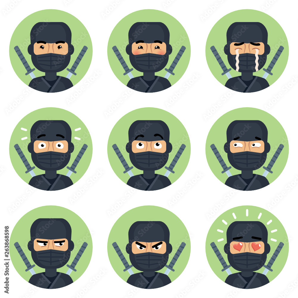 Set of ninja emoticons. Ninja avatars showing different emotions. Happy, smile, sad, cry, angry, love, surprised, upset, laugh and other facial expressions. Flat style vector illustration Set of ninja emoticons. Ninja avatars showing different emotions. Happy, smile, sad, cry, angry, love, surprised, upset, laugh and other facial expressions. Flat style vector illustration