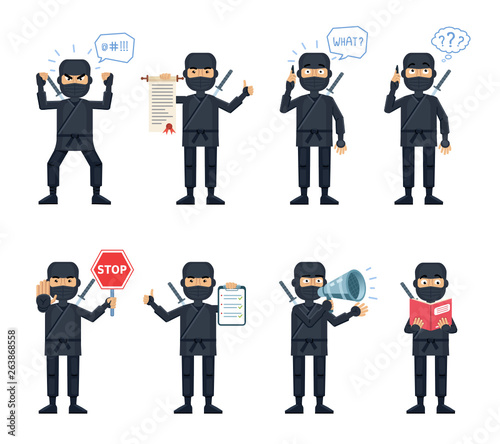 Set of ninja characters posing in different situations. Cheerful ninja talking on phone, thinking, surprised, angry, holding stop sign, loudspeaker, book, scroll. Flat style vector illustration