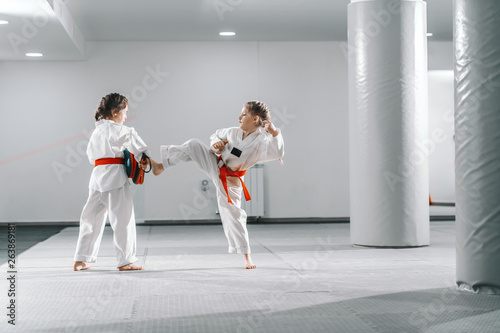 Two young Caucasian girls in doboks having taekwondo training at gym. One girl kicking while other one holding kick target. photo