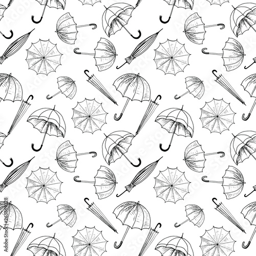 Umbrellas seamless sketch pattern. Black hand drawn umbrellas without background. Wallpaper pattern, doodle of umbrellas. Vector backdrop.