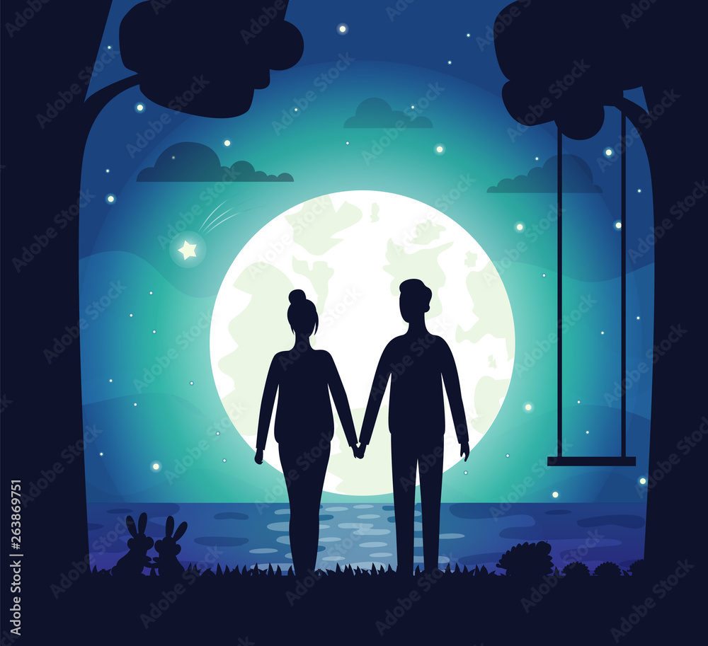 Romantic couple vector, man and woman on secret date standing by lake holding hands of each other. Swing and tree silhouette, shining stars and romance