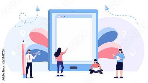 tablet screen with empty Internet browser window template. Internet searching, seo optimization. Flat vector illustration for web site, app, banner with tiny people