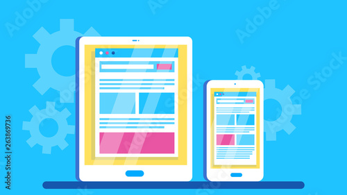 Smartphone and tablet screen with Internet browser window with content. Internet searching, seo optimization. Flat vector illustration for web site, app, banner © Юлия Лазебная