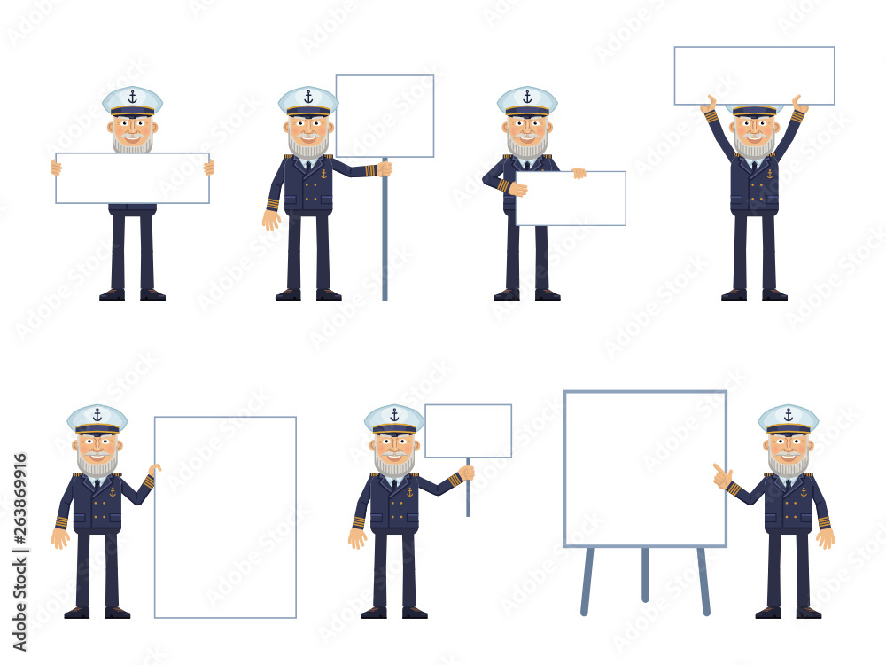 Set of old navy captain characters posing with different blank banners. Cheerful skipper with paper, poster, placard, pointing to whiteboard. Teach, advertise, promote. Flat style vector illustration Set of old navy captain characters posing with different blank banners. Cheerful skipper with paper, poster, placard, pointing to whiteboard. Teach, advertise, promote. Flat style vector illustration