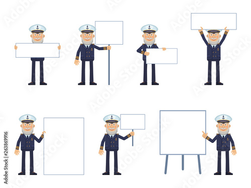 Set of old navy captain characters posing with different blank banners. Cheerful skipper with paper, poster, placard, pointing to whiteboard. Teach, advertise, promote. Flat style vector illustration © paper_owl