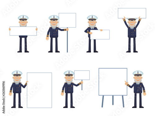 Set of old navy captain characters posing with different blank banners. Cheerful skipper with paper, poster, placard, pointing to whiteboard. Teach, advertise, promote. Flat style vector illustration