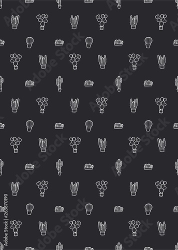 cactus line black white vector seamless pattern