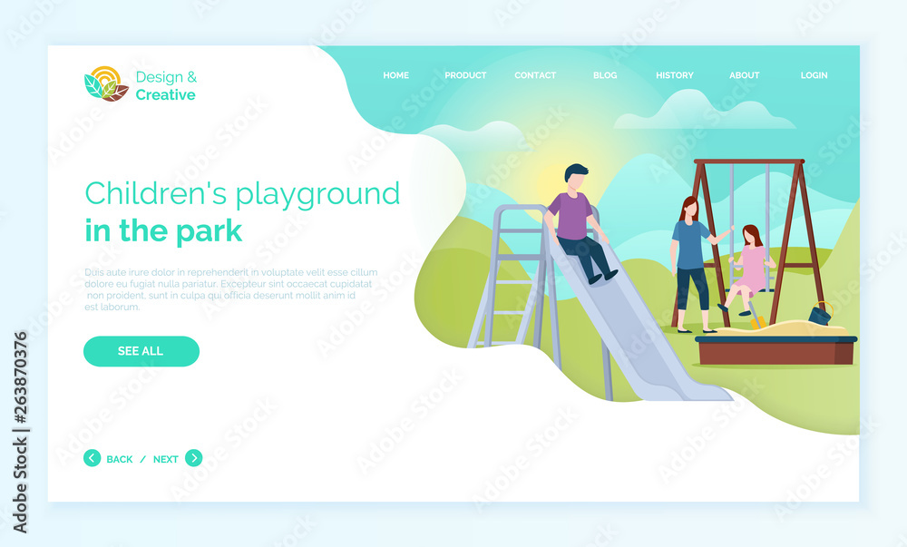Children playground in park web, child moving down hill, character in casual clothes, girl sitting on wooden swing, portrait view of people outdoor vector Children playground in park web, child moving down hill, character in casual clothes, girl sitting on wooden swing, portrait view of people outdoor vector