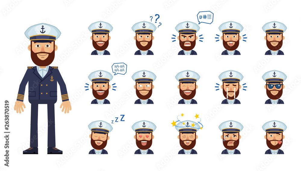 Set of navy captain emoticons. Skipper avatars showing different facial expressions. Happy, sad, smile, laugh, surprised, serious, dizzy, sleepy and other emotions. Simple vector illustration