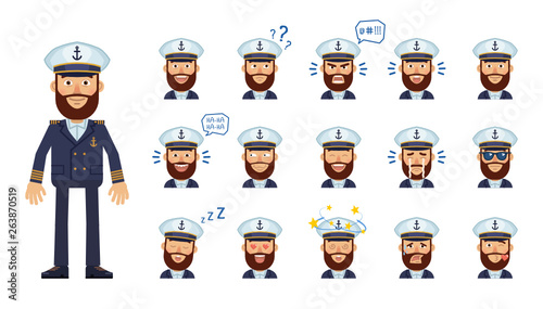 Set of navy captain emoticons. Skipper avatars showing different facial expressions. Happy, sad, smile, laugh, surprised, serious, dizzy, sleepy and other emotions. Simple vector illustration photo