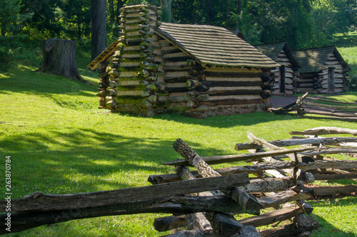 Valley Forge log cabin and wood fence