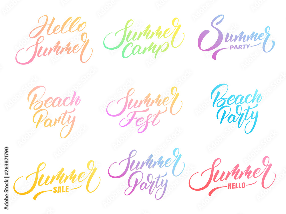 Summer lettering set. Modern Summer calligraphy with trendy vibrant colors. Vector labels for party, festival, camp, sale etc. Summer lettering set. Modern Summer calligraphy with trendy vibrant colors. Vector labels for party, festival, camp, sale etc.