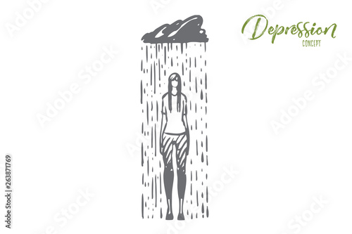 Rain, depression, woman, sad, stress concept. Hand drawn isolated vector.