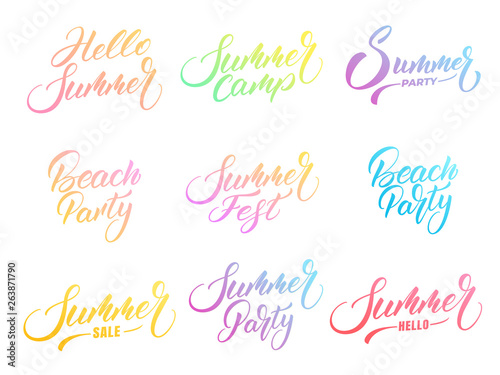Summer lettering set. Modern Summer calligraphy with trendy vibrant colors. Vector labels for party, festival, camp, sale etc.