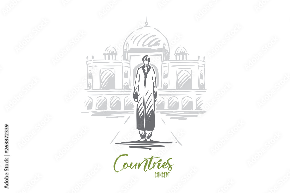 India, country, travel, religion, building concept. Hand drawn isolated vector.