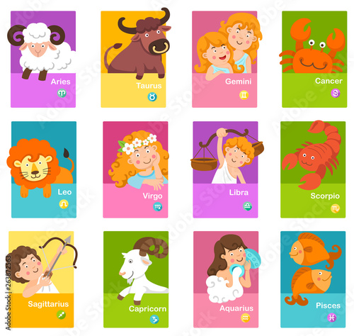 Set illustration with cartoon zodiac signs vector