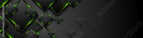 Black tech squares with green glowing neon light banner