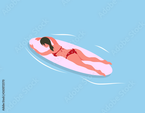 Woman swimming on surfboard isolated on blue sea waters. Vector surfboarder relaxing on summer resort, extreme sport and cartoon character in bikini, back view