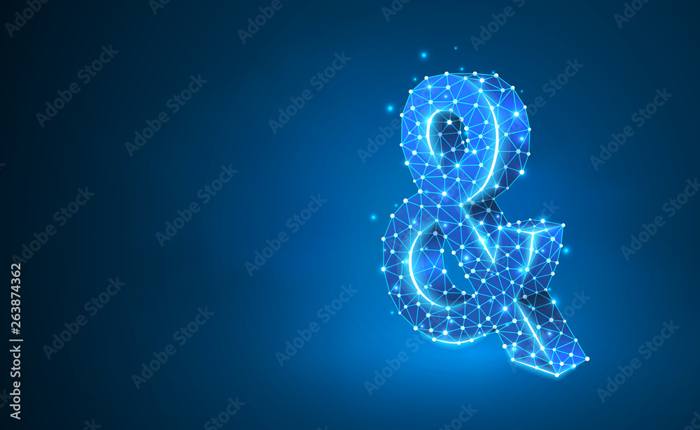 Ampersand sign. Programming logical operator AND. Wedding invitation symbol. Abstract, digital, wireframe, low poly mesh, vector neon 3d illustration. Triangles, lines, dots, stars on blue background