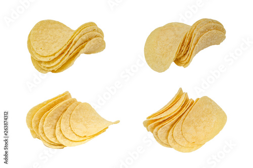 Potato chips isolated on white background with selective focus