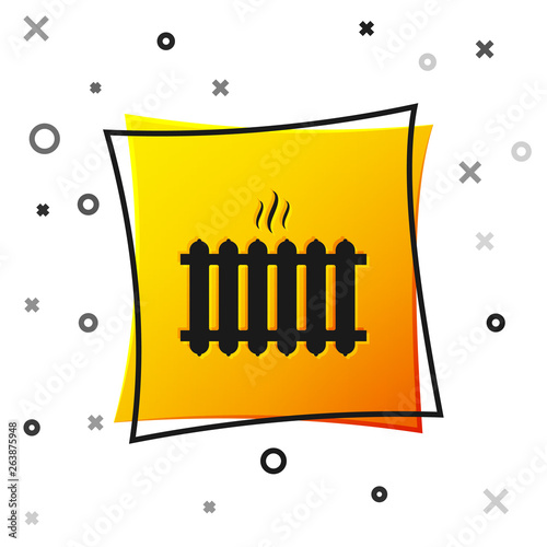 Black Heating radiator icon isolated on white background. Yellow square button. Vector Illustration