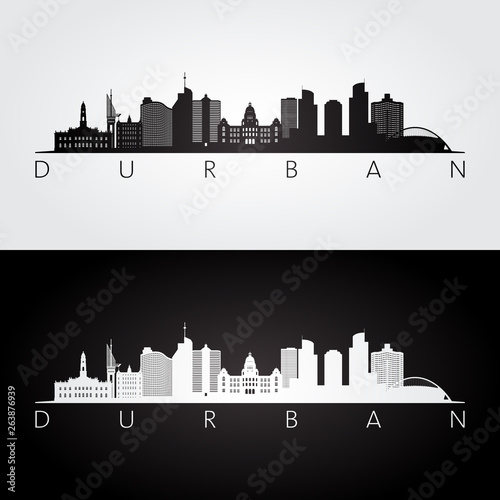 Durban skyline and landmarks silhouette, black and white design, vector illustration.