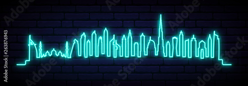 Blue neon skyline of Dubai city. Bright Dubai long banner. Vector illustration.