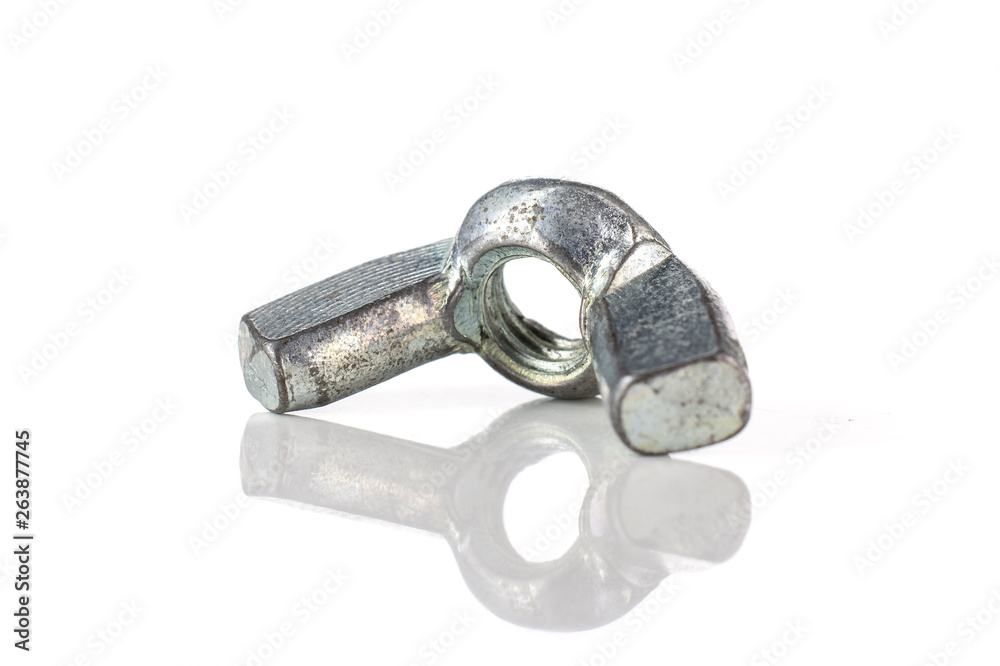One whole metal grey wingnut work item isolated on white background One whole metal grey wingnut work item isolated on white background