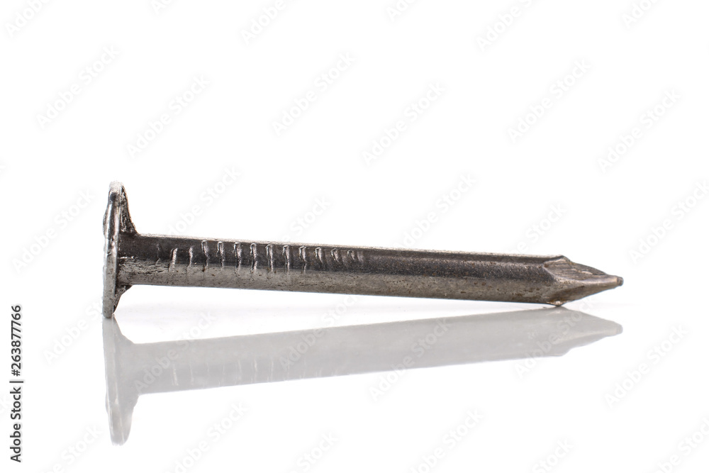 One whole sharp metal nail work item isolated on white background One whole sharp metal nail work item isolated on white background
