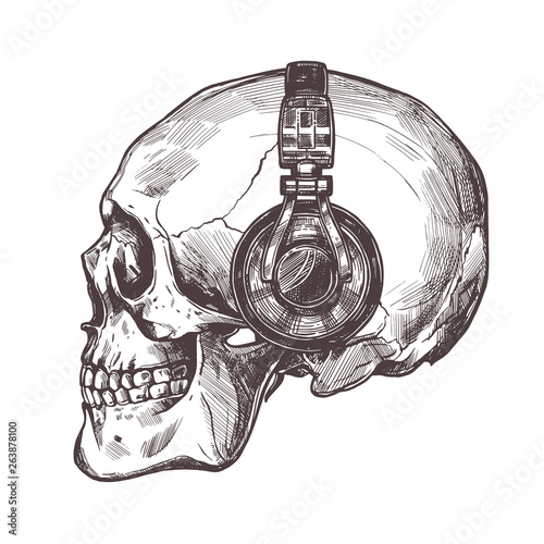 Hand drawn human skull with headphone in the profile. Vector sketch engraving illustration