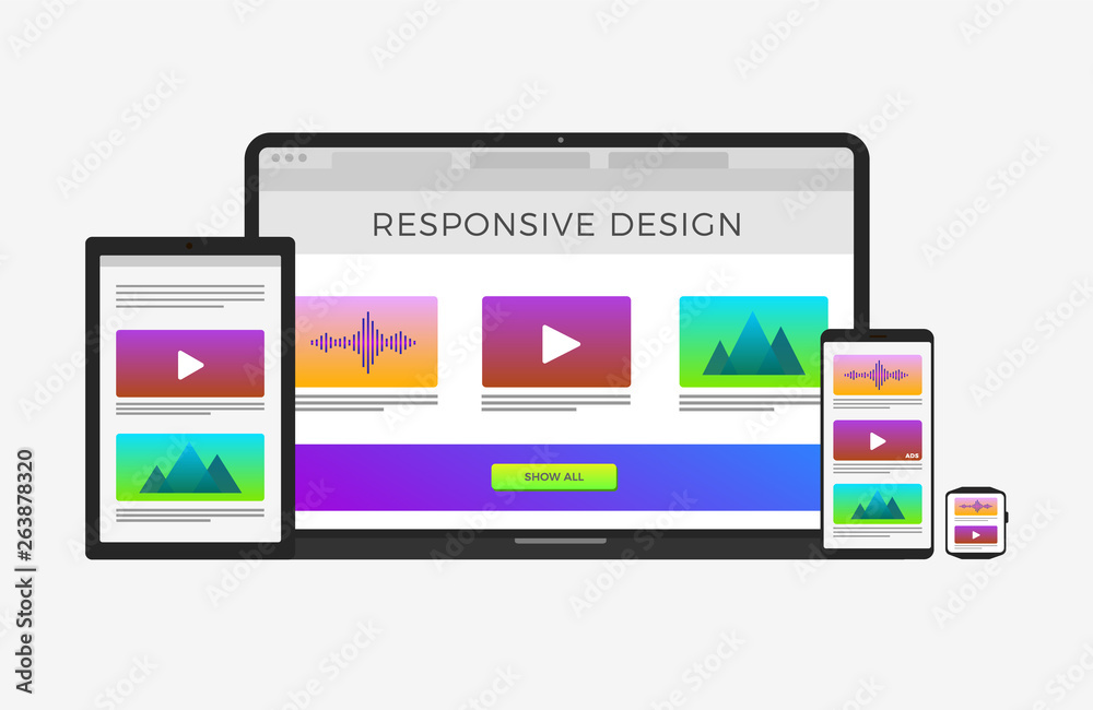 Scalable and flexible responsive web design concept - computer laptop, tablet, mobile phone, smart watch. Responsive website flat vector icon. Scalable and flexible responsive web design concept - computer laptop, tablet, mobile phone, smart watch. Responsive website flat vector icon.
