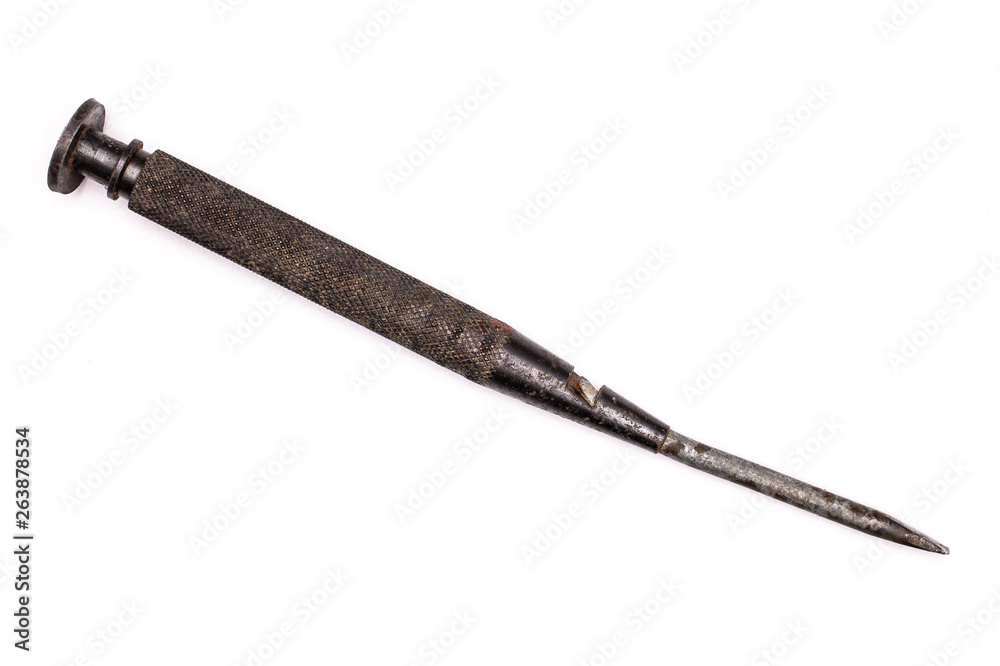 One whole rusty metal turnscrew work item flatlay isolated on white background