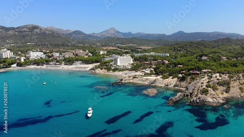 Aerial view, Flight along Peguera with hotels and beaches, Costa de la Calma, Caliva region, Mallorca, Balearic Islands, Spain
