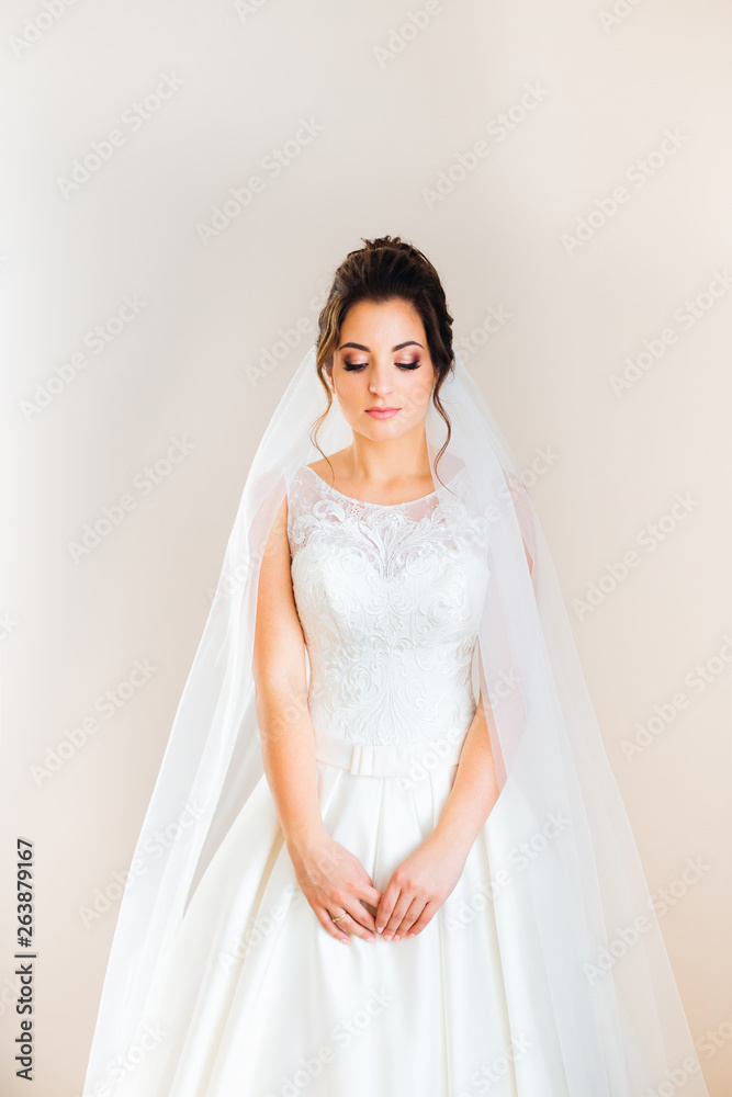 bride in dress and bridal veil looking down. bride on the backgr bride in dress and bridal veil looking down. bride on the backgr