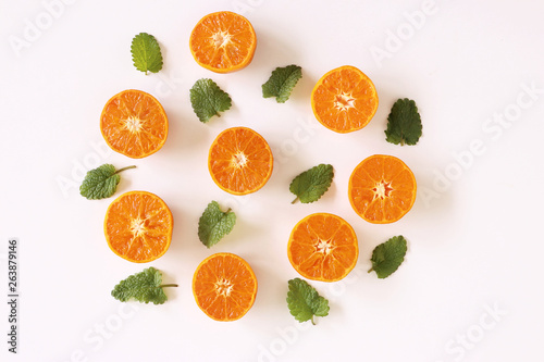 Mandarins on a white wooden background. Rich of nutritions  fiber  and vitamins. Picture design for foods background.Top view.