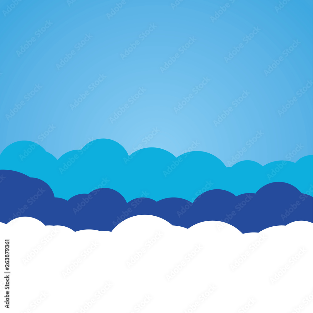 Blue clouds or sky background, vector. BLue and white clouds in the sky, background. Sky and clouds kid backgorund.