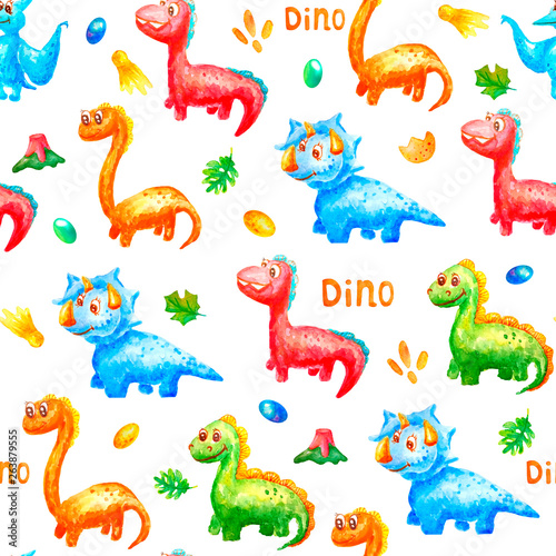 Seamless pattern watercolor colorful dinosaurs with eggs  trace  volcano ana leafs on white background.  Wallpaper or print or textile about dragon for kids. Look in one way and  have one distance.