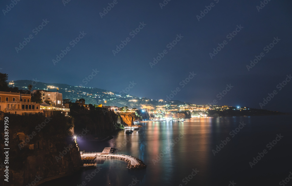Night view of Sorrento bay, Italy. Travel background footage, napoli coast, travel concept vacation