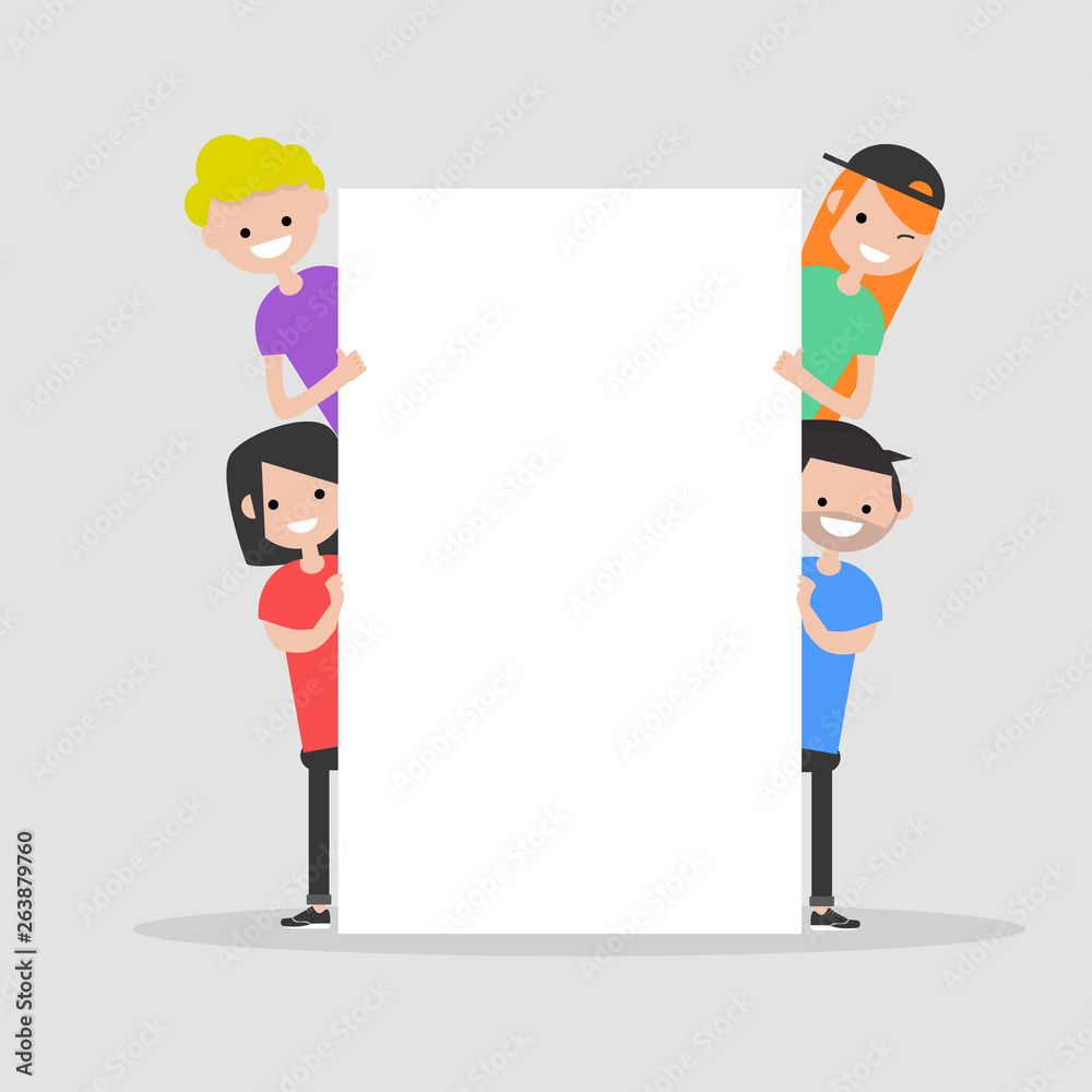 Young characters with white banner,Copy space.Mock up.Flat cartoon design Young characters with white banner,Copy space.Mock up.Flat cartoon design