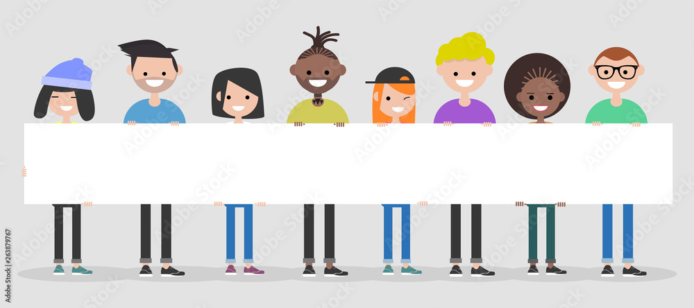 Young characters with white banner,Copy space.Mock up.Flat cartoon design Young characters with white banner,Copy space.Mock up.Flat cartoon design