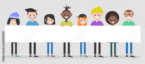Young characters with white banner,Copy space.Mock up.Flat cartoon design