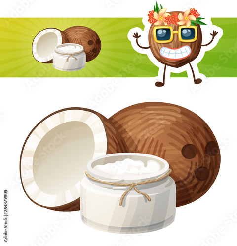 Coconut oil in a glass jar. Cartoon vector icon with a coconut character