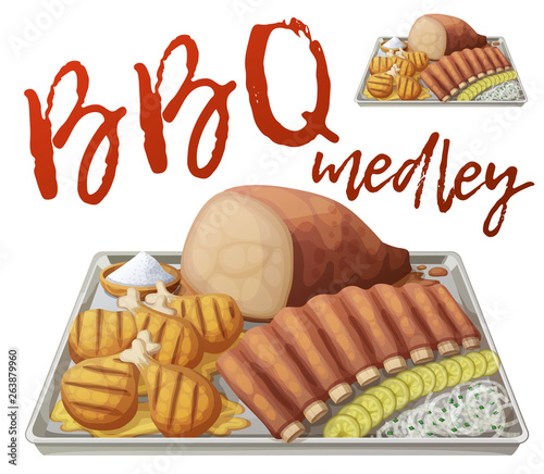 Texas BBQ medley icon. Vector illustration of barbecue meat on tin tray with white onions and gerkins isolated on white background photo