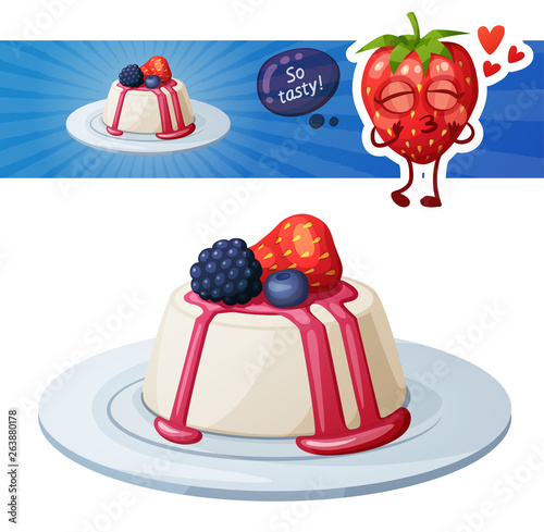 Panna cotta dessert with berries icon and strawberry character. Cartoon vector illustration isolated on white background
