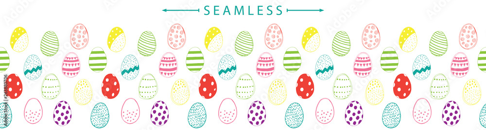 Vector horizontal seamless border with easter eggs doodles