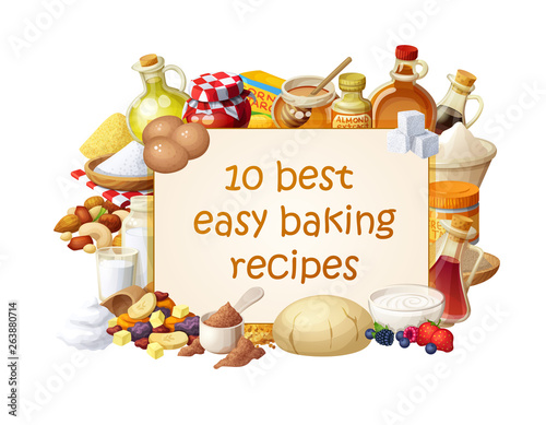 Cooking blog illustration with ingredients for baking. Cartoon vector banner template with set of food icons